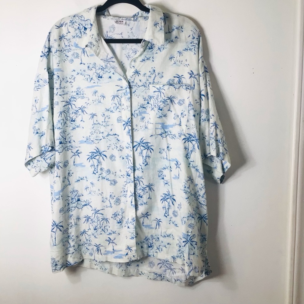 Cotton On White Button-Down Shirt with Light Blue Palm Print
